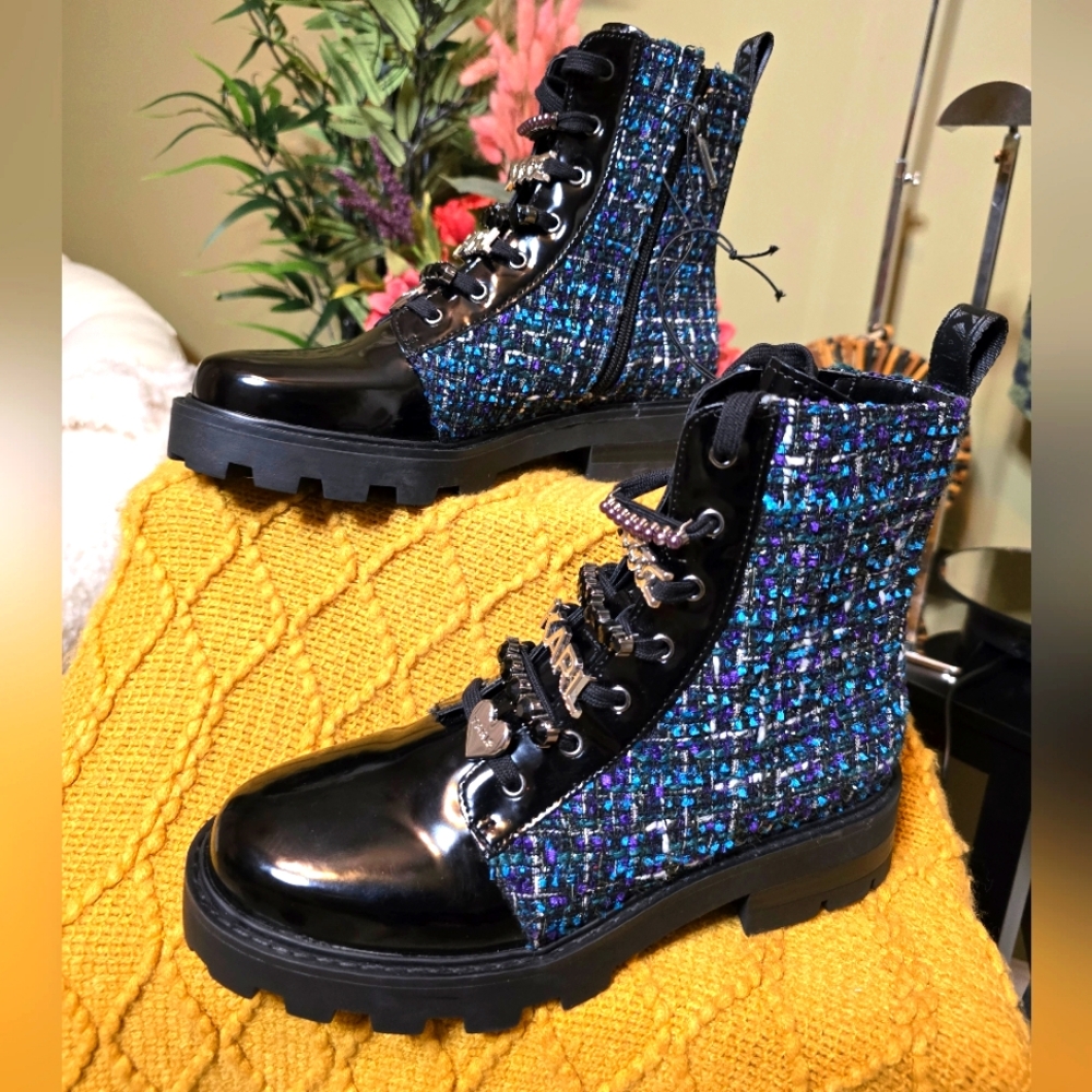 Karl Lagerfeld Mela Tweed Combat boot, Size Women's 8, Tweed Blue & Black